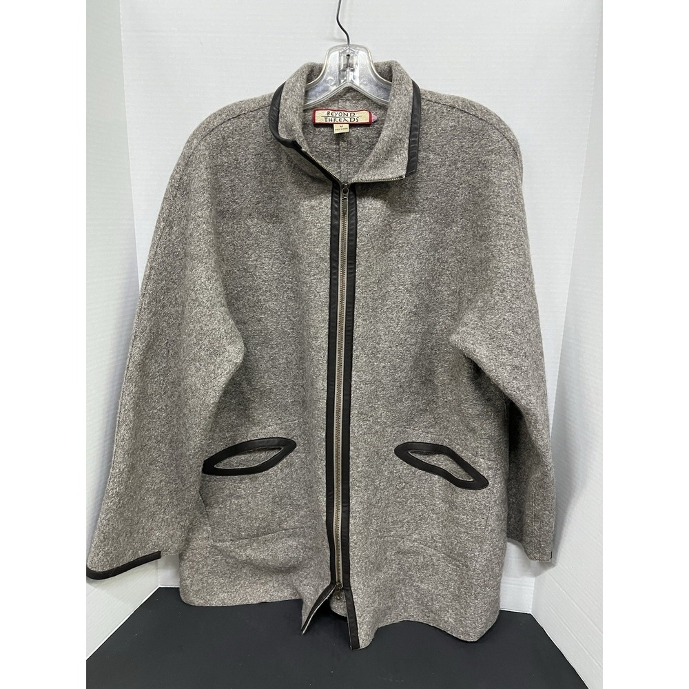 Beyond Threads Women's Alpaca Blend Jacket M Grey Zip Leather Trim Boho‎ Coat